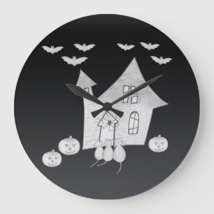 Halloween night with Haunted House, Bats, Pumpkins Large Clock