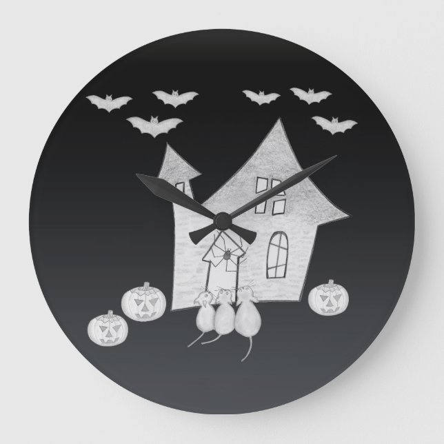 Halloween night with Haunted House, Bats, Pumpkins Large Clock (Front)
