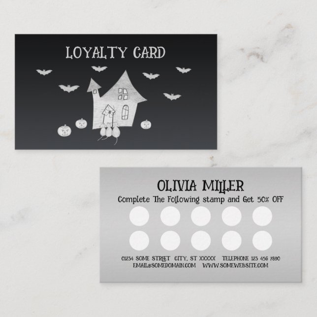 Halloween night with Haunted House, Bats, Pumpkins Loyalty Card (Front/Back)