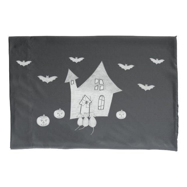 Halloween night with Haunted House, Bats, Pumpkins Pillowcase (Front)