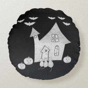 Halloween night with Haunted House, Bats, Pumpkins Round Cushion