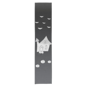 Halloween night with Haunted House, Bats, Pumpkins Short Table Runner