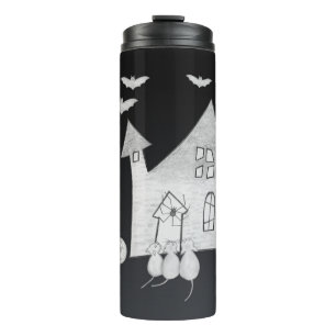 Halloween night with Haunted House, Bats, Pumpkins Thermal Tumbler