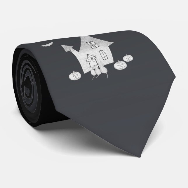 Halloween night with Haunted House, Bats, Pumpkins Tie (Rolled)