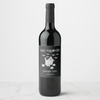 Halloween night with Haunted House, Bats, Pumpkins Wine Label