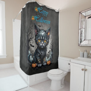 Halloween night with kitten and pumpkins. shower curtain