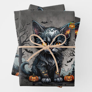 Halloween night with kitten and pumpkins. wrapping paper sheet