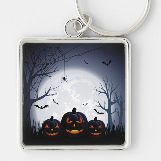 Halloween Night with Pumpkin & flying Bats Key Ring (Front)
