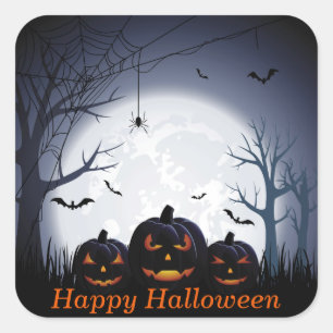 Halloween Night with Pumpkin Spider & flying Bats Square Sticker