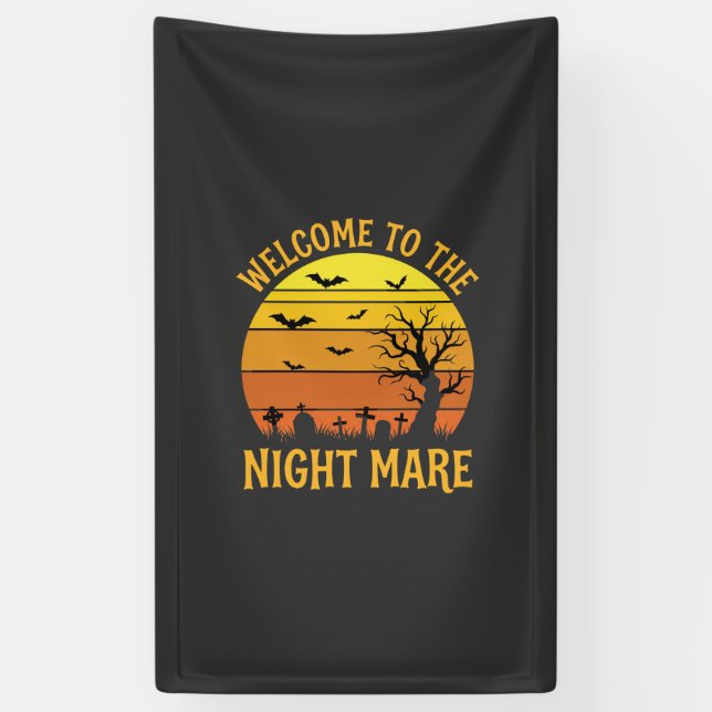 Halloween Nightmare Graveyard Sunset Retro Vector Banner (Vertical)