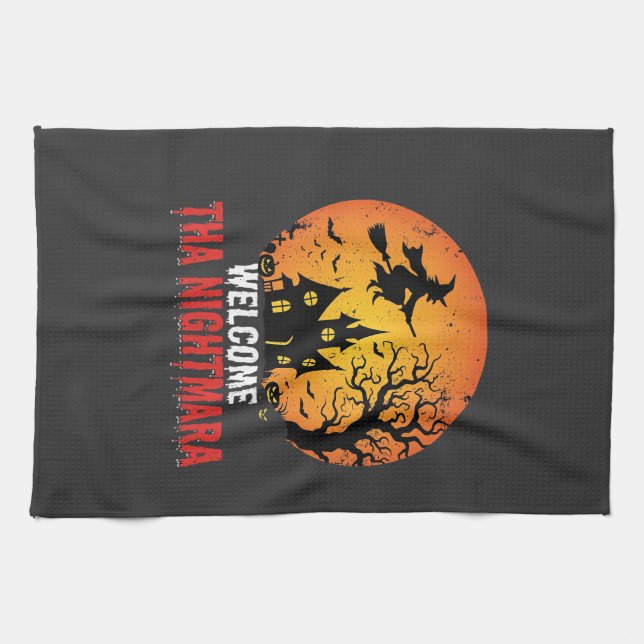Halloween Nightmare Witch Haunted House Design Tea Towel (Horizontal)