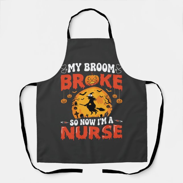 Halloween Nurse Broken Broom Witch Graphic Apron (Front)