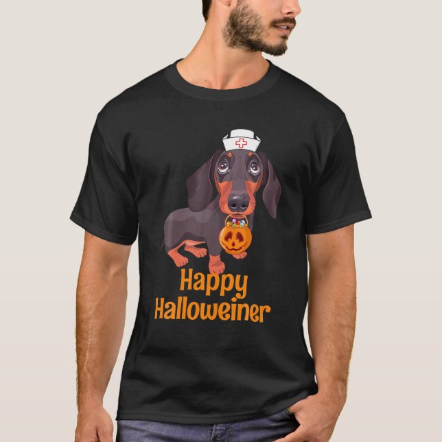 Halloween Nurse Dachshund Costume Women Happy T-Shirt (Front)