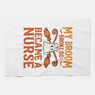 Halloween Nurse Ghost Broom Vintage Shirt Design_1 Tea Towel