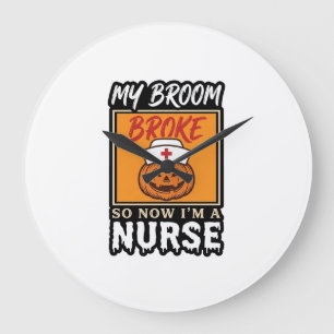Halloween Nurse Pumpkin Broom Broke Vintage Shirt Large Clock
