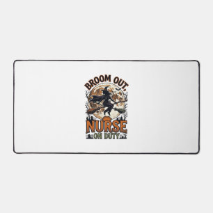 Halloween Nurse Shirt Funny Witch Broom Design_1 Desk Mat