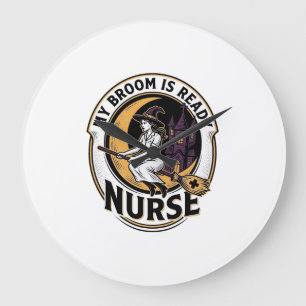 Halloween Nurse Shirt Vintage Witch Broom Design_1 Large Clock