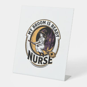 Halloween Nurse Shirt Vintage Witch Broom Design_1 Pedestal Sign