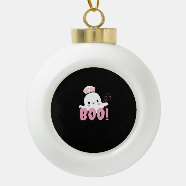 Halloween Nurse Shirts Women Boo! T-Shirt Ghost Nu Ceramic Ball Christmas Ornament (Front)