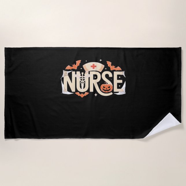 Halloween Nurse Typography – Spooky Medical Design Beach Towel (Front)