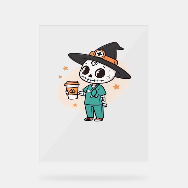 Halloween Nurse with Coffee Wearing Witches Hat Cl Acrylic Sign (Front)