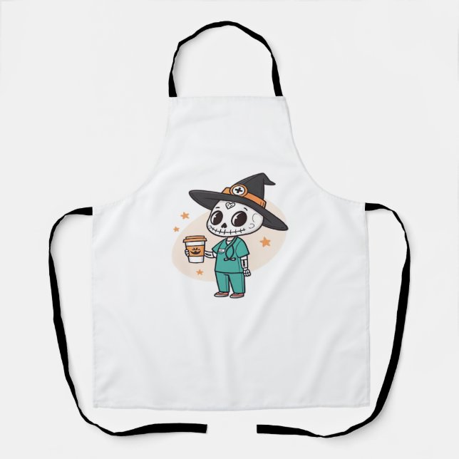 Halloween Nurse with Coffee Wearing Witches Hat Cl Apron (Front)