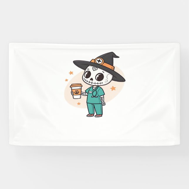 Halloween Nurse with Coffee Wearing Witches Hat Cl Banner (Horizontal)