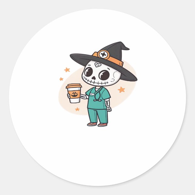 Halloween Nurse with Coffee Wearing Witches Hat Cl Classic Round Sticker (Front)