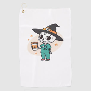Halloween Nurse with Coffee Wearing Witches Hat Cl Golf Towel