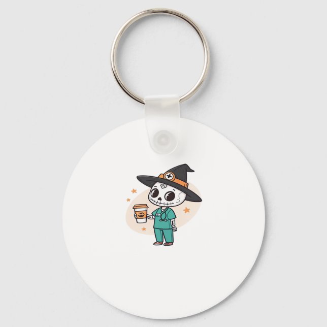Halloween Nurse with Coffee Wearing Witches Hat Cl Key Ring (Front)
