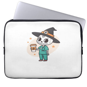 Halloween Nurse with Coffee Wearing Witches Hat Cl Laptop Sleeve