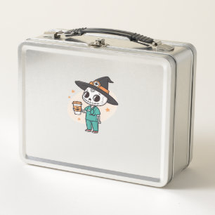 Halloween Nurse with Coffee Wearing Witches Hat Cl Metal Lunch Box