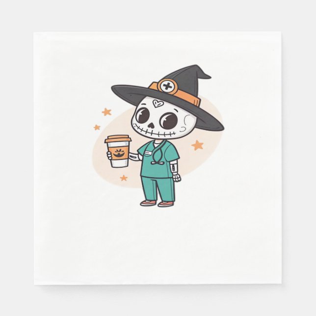 Halloween Nurse with Coffee Wearing Witches Hat Cl Napkin (Front)