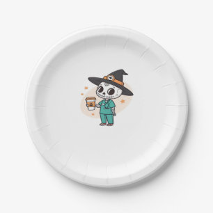 Halloween Nurse with Coffee Wearing Witches Hat Cl Paper Plate