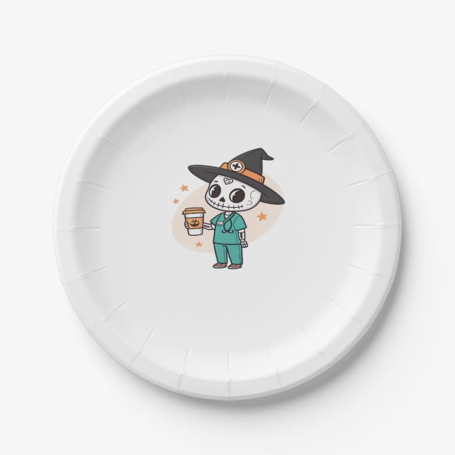 Halloween Nurse with Coffee Wearing Witches Hat Cl Paper Plate (Front)