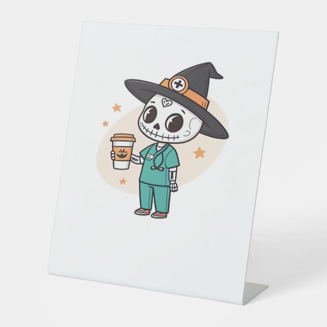 Halloween Nurse with Coffee Wearing Witches Hat Cl Pedestal Sign (Front)