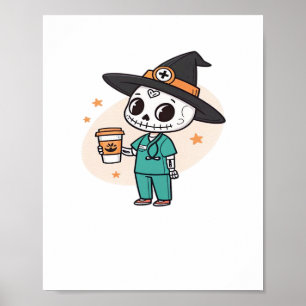 Halloween Nurse with Coffee Wearing Witches Hat Cl Poster