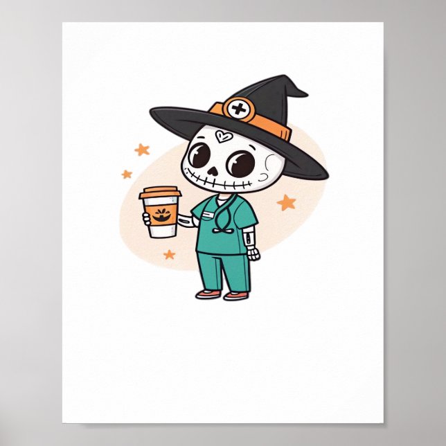 Halloween Nurse with Coffee Wearing Witches Hat Cl Poster (Front)