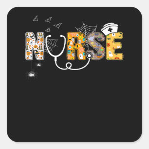Halloween Nurse With Pumpkin Boo Spider Witch Square Sticker
