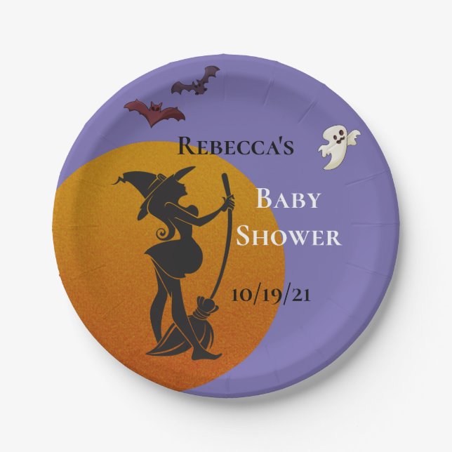 Halloween October Witch Baby Shower Ghost Paper Plate (Front)