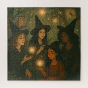 Halloween Oil Painting of Witches in the Woods Jigsaw Puzzle