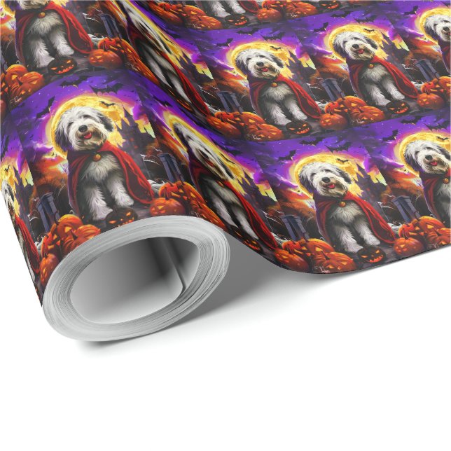 Halloween Old English Sheepdog Vampire Pumpkins Wrapping Paper (Roll Corner)