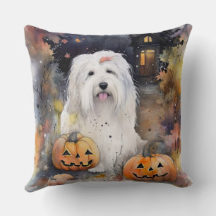 Halloween Old English Sheepdog With Pumpkins Scary Cushion