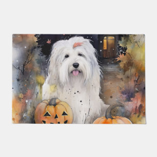 Halloween Old English Sheepdog With Pumpkins Scary Doormat