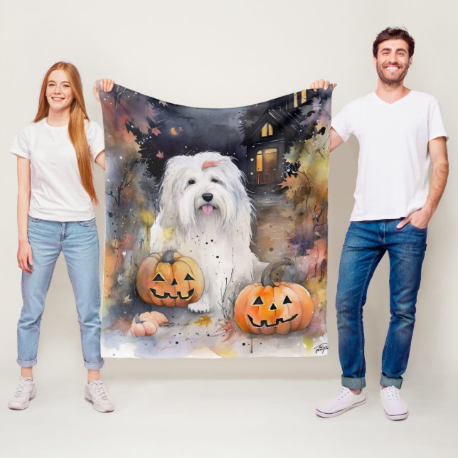 Halloween Old English Sheepdog With Pumpkins Scary Fleece Blanket (In Situ)