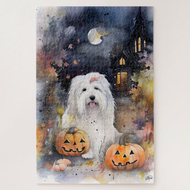 Halloween Old English Sheepdog With Pumpkins Scary Jigsaw Puzzle (Vertical)