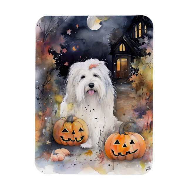 Halloween Old English Sheepdog With Pumpkins Scary Magnet (Vertical)