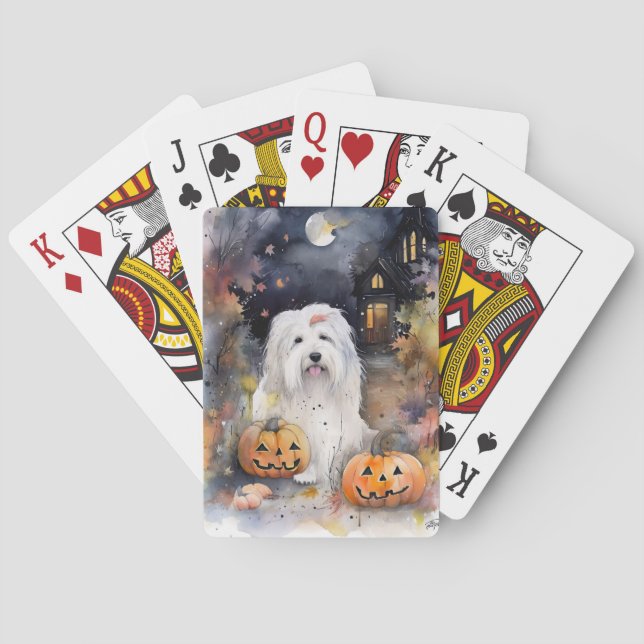 Halloween Old English Sheepdog With Pumpkins Scary Playing Cards (Back)