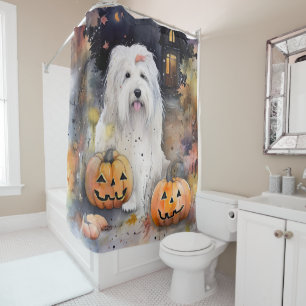 Halloween Old English Sheepdog With Pumpkins Scary Shower Curtain