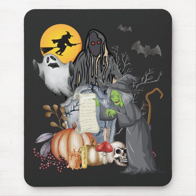 Halloween Old Witch With Ghosts And Pumpkin  Mouse Mat (Front)